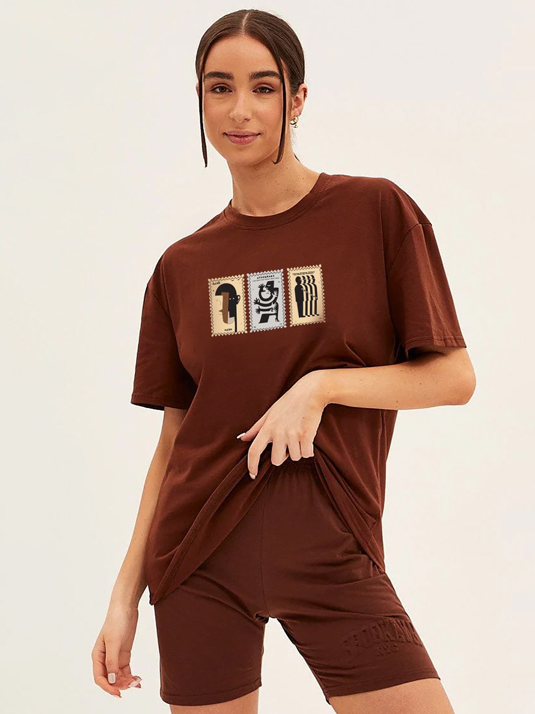 

MISCHIEF MONKEY Women Typography Printed Applique T-shirt, Brown