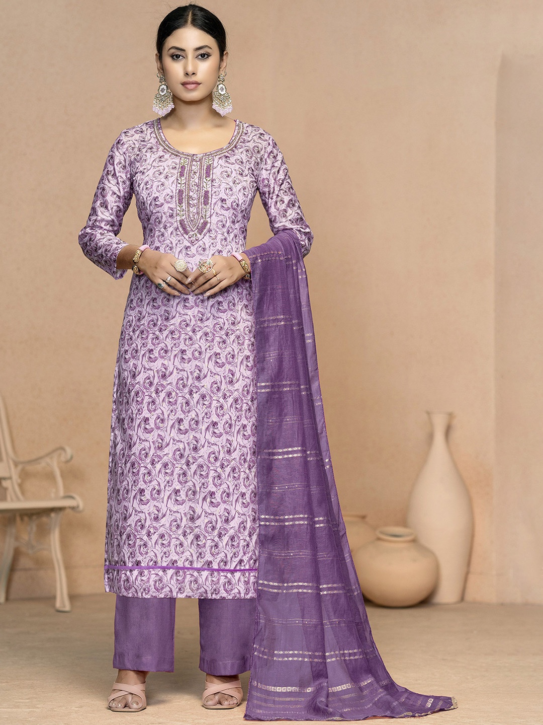 

MANVAA Floral Embroidered Sequinned Unstitched Dress Material, Purple