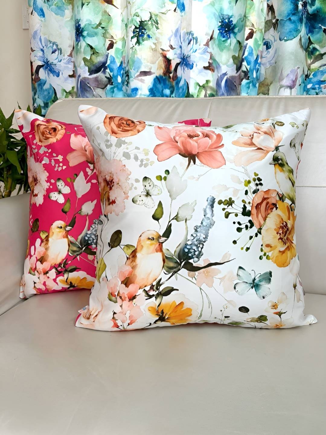 

TARA- Sparkling Homes White & Pink Set of 2 Floral Satin Square Cushion Covers