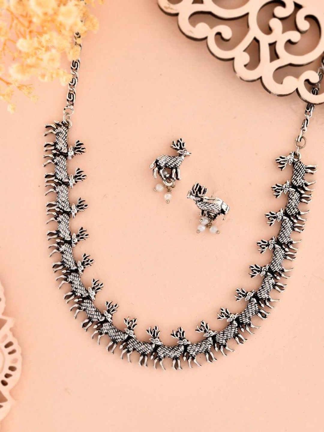 

VOJ Rhodium-Plated Stainless Steel Beaded Studded Deer Oxidized Jewellery Set, Silver