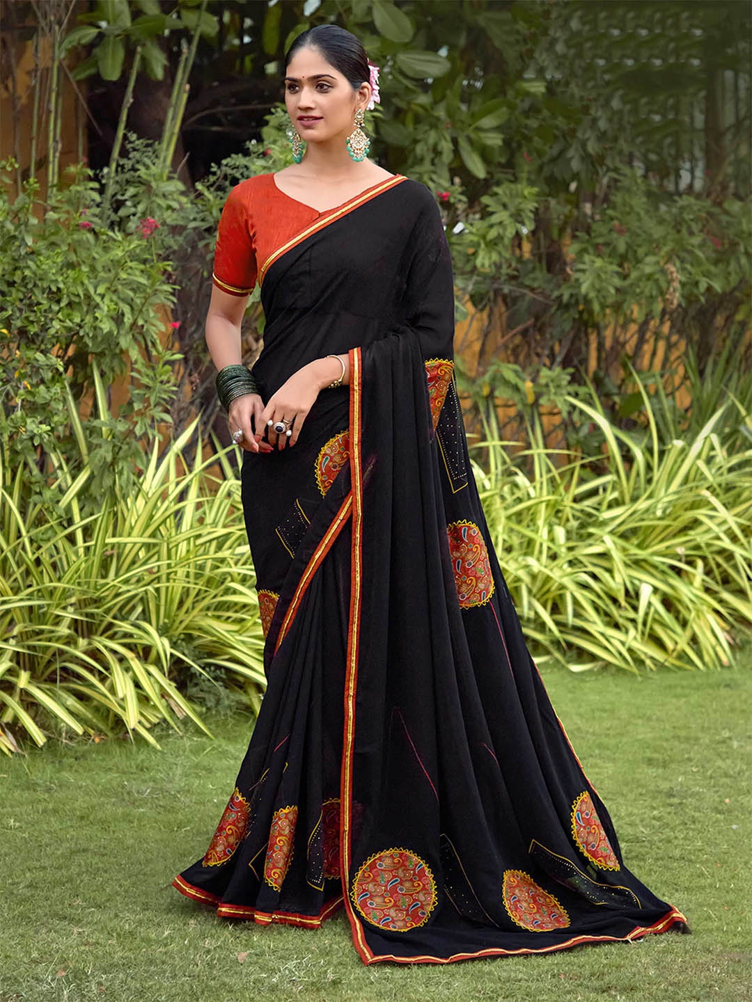 

Mitera Ethnic Motifs Embellished Saree, Black