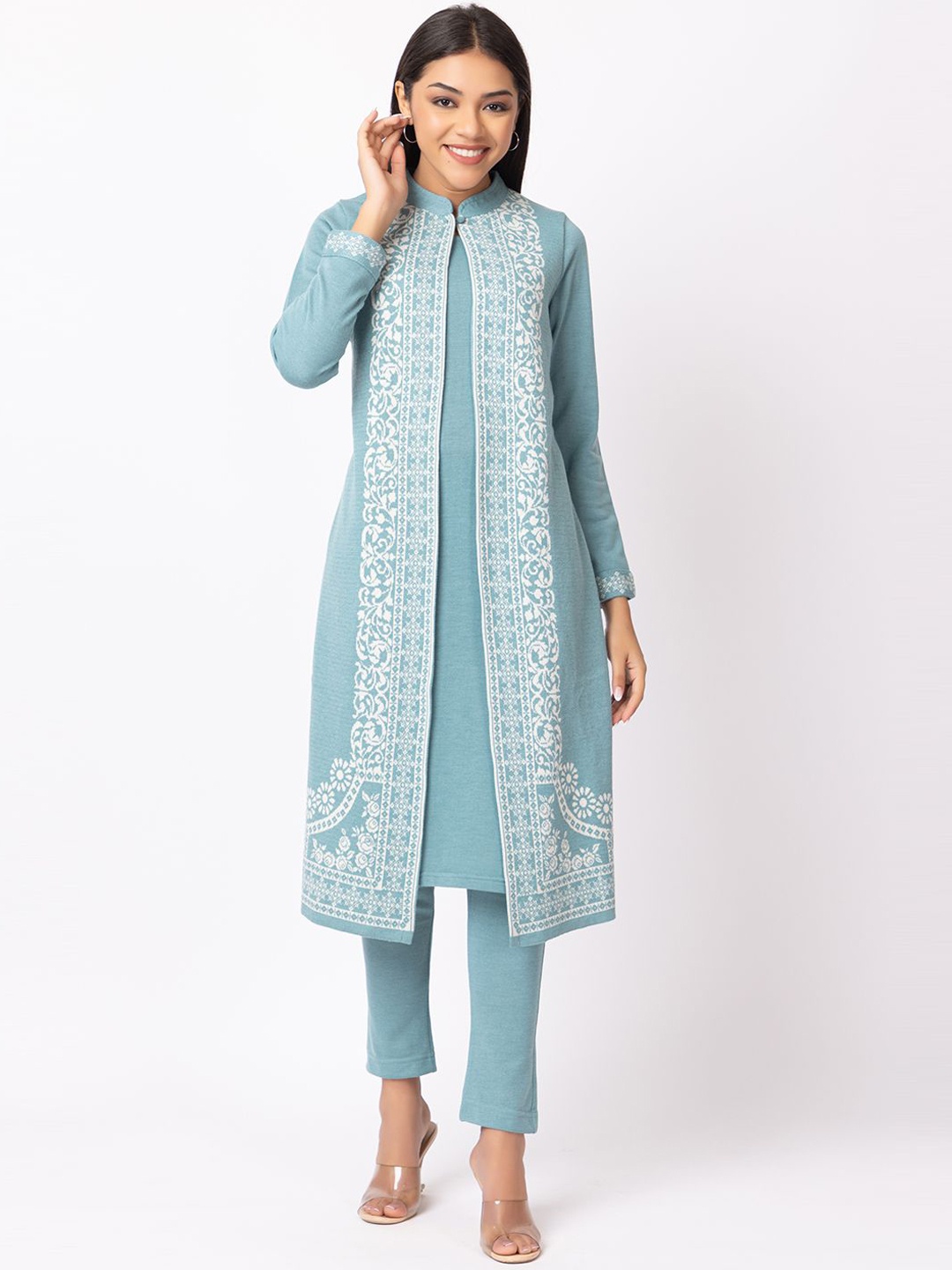 

Anouk Blue Floral Printed Mandarin Collar Jacquard Winter Wear Straight Kurta With Trousers