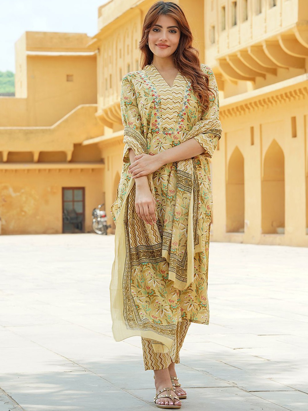 

KALINI Floral Printed Thread Work Pure Cotton Straight Kurta With Trousers & Dupatta, Mustard