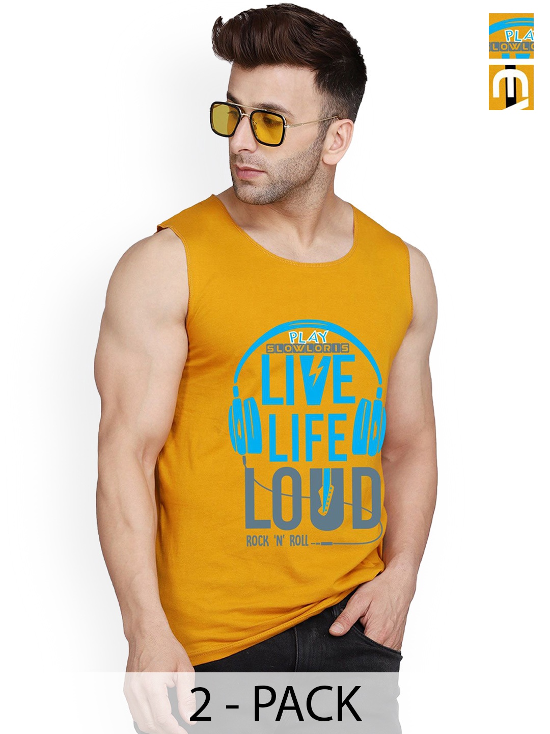 

SLOWLORIS Pack Of 2 Printed Gym Vests, Mustard