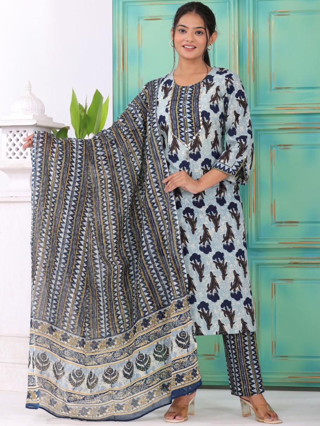 

KALINI Floral Printed Mirror Work Pure Cotton Straight Kurta With Trousers & Dupatta, Blue