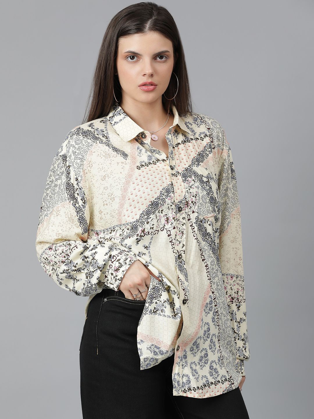 

Kotty Women Spread Collar Floral Printed Cotton Oversized Casual Shirt, Beige