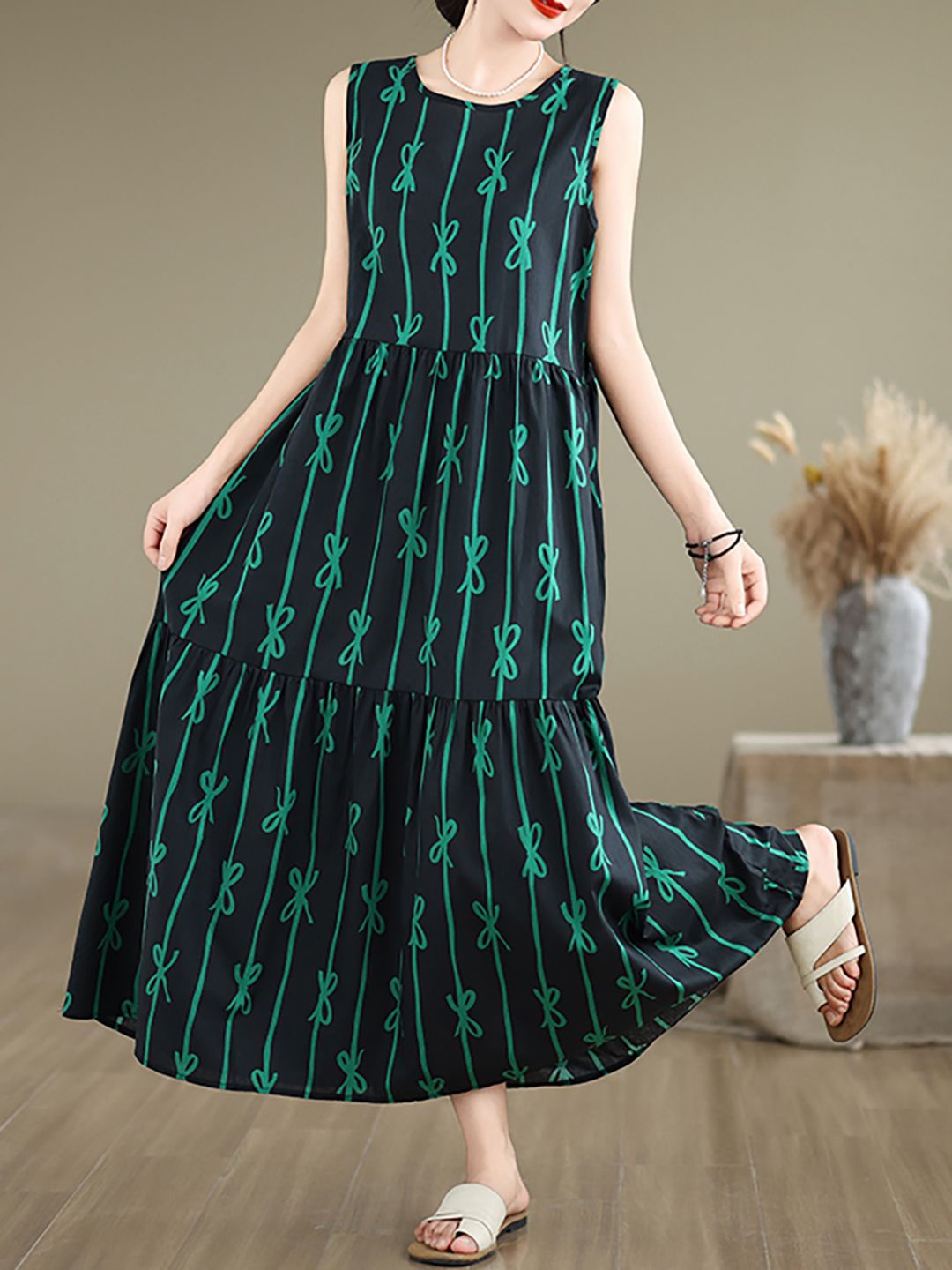 

JC Mode Printed A-Line Midi Dress, Green