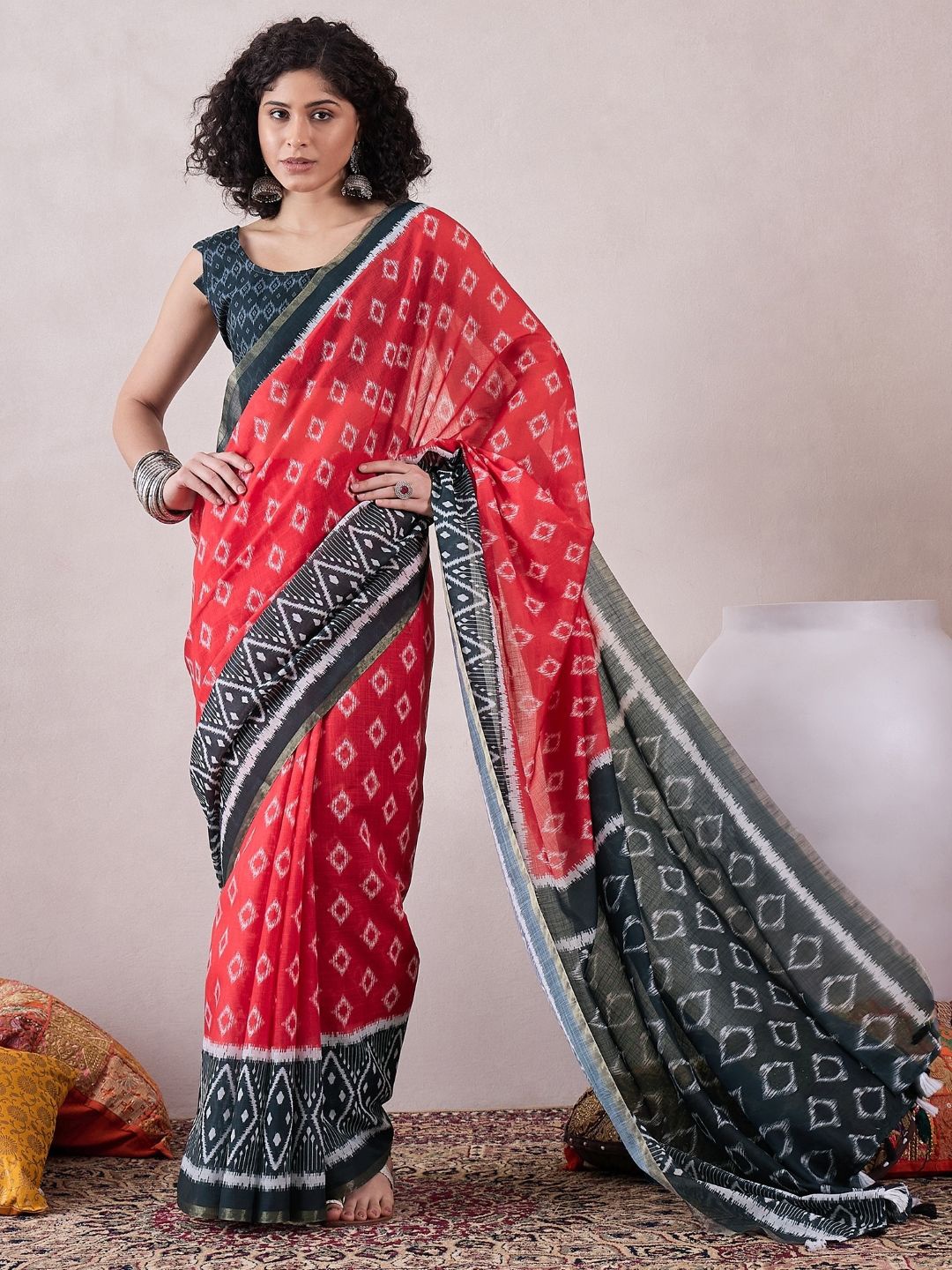 

AHIKA Printed Zari Ikat Saree, Red