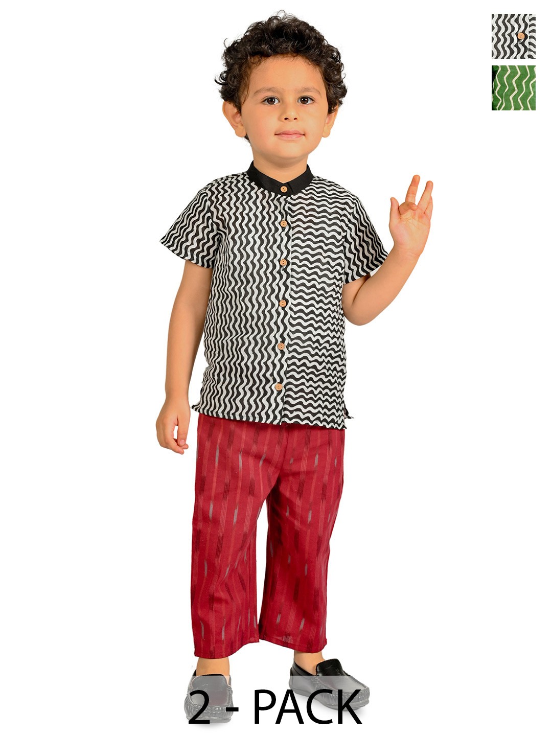 

Tiny Bunnies Boys Pack Of 2 Printed Mandarin Collar Pure Cotton Shirt with Trousers, Green