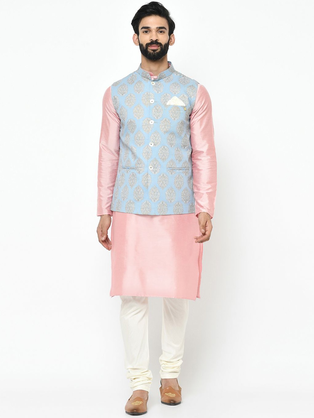 

Anouk Blue & Pink Ethnic Motifs Printed Mandarin Collar Kurta with Churidar & Nehru Jacket