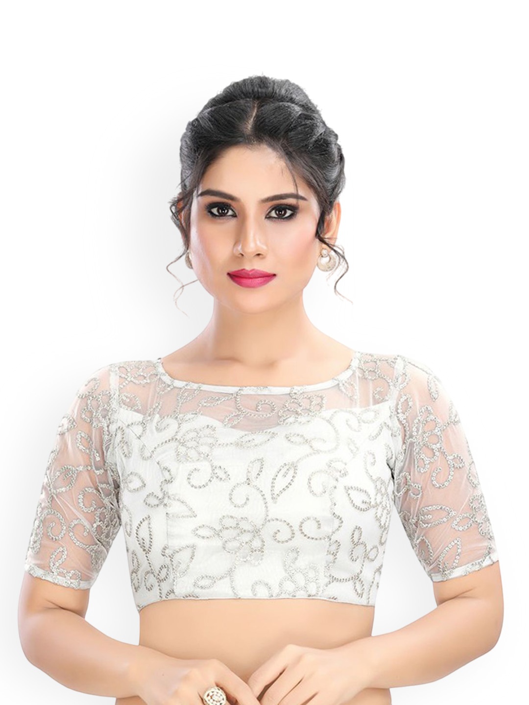 

Mmore Embroidered Padded Saree Blouse, White