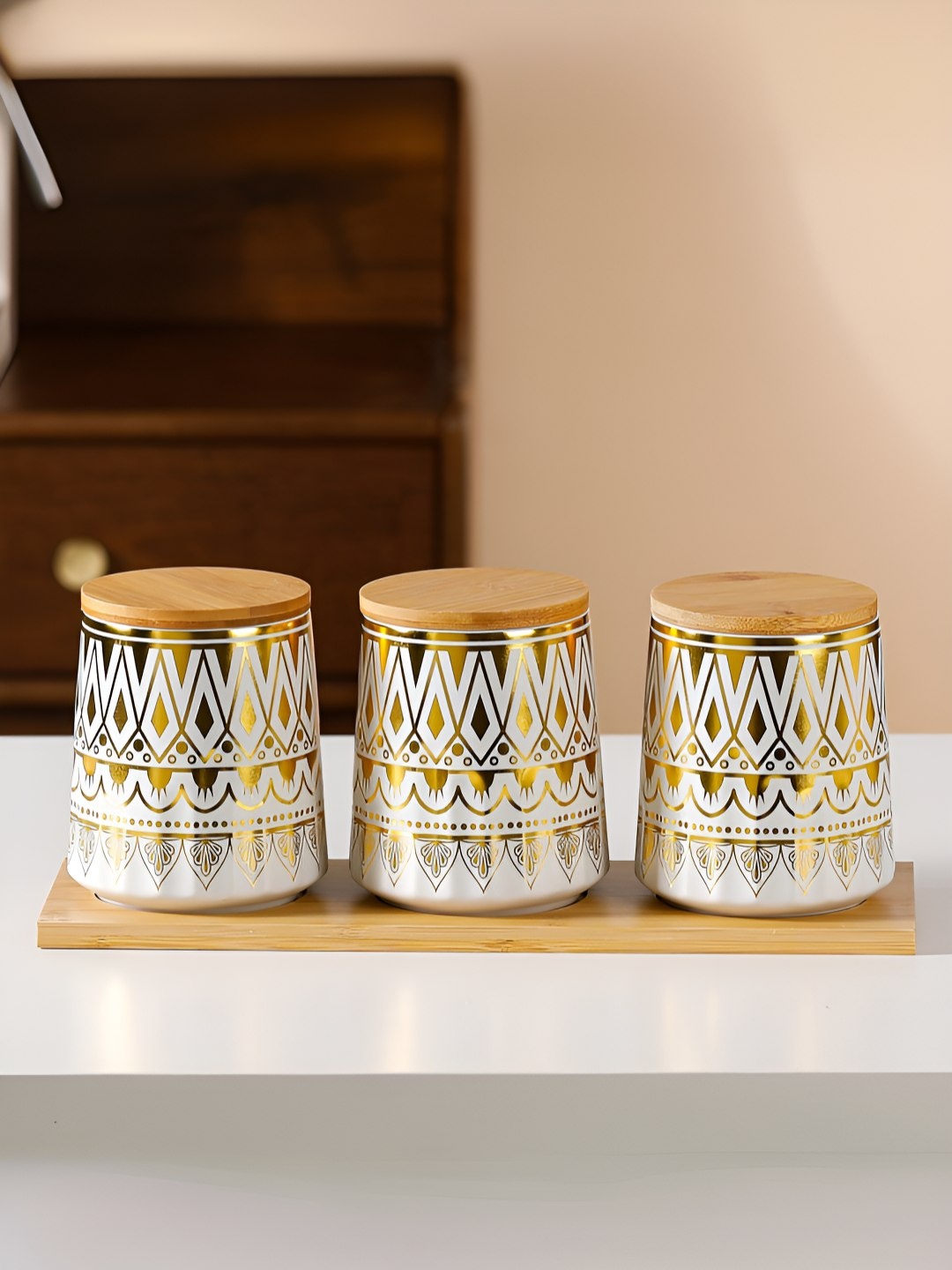 

UMAI Set Of 3 White & Yellow Printed Ceramic ContIner Set- 650ml
