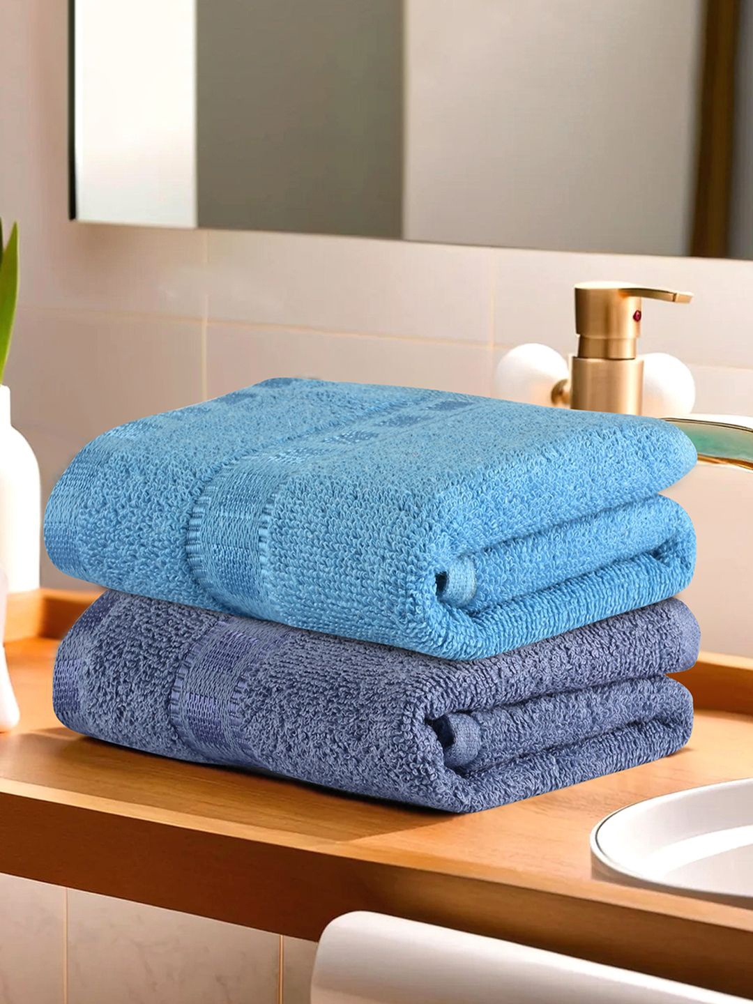 

Kuber Industries Blue & Grey 2 Pieces Cotton 225 GSM Anti Bacterial Face Towels