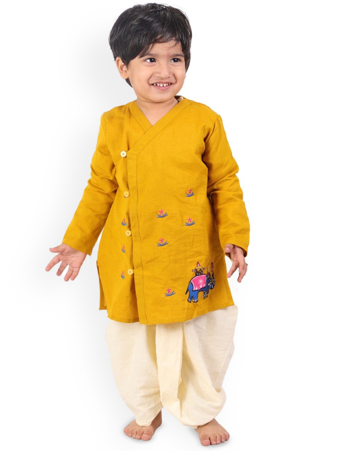 

LITTLE GINNIE Boys Ethnic Motifs Embroidered Angrakha Pure Cotton Kurta with Dhoti Pants, Mustard