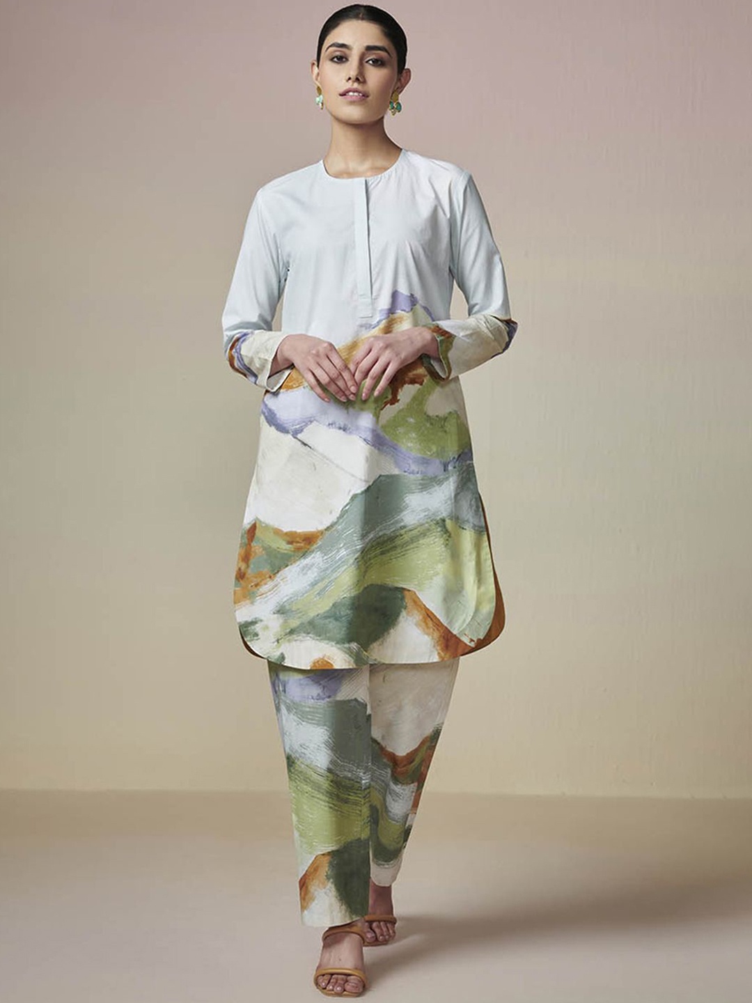 

Dressfolk Printed Pure Cotton Tunic With Trouser, Blue