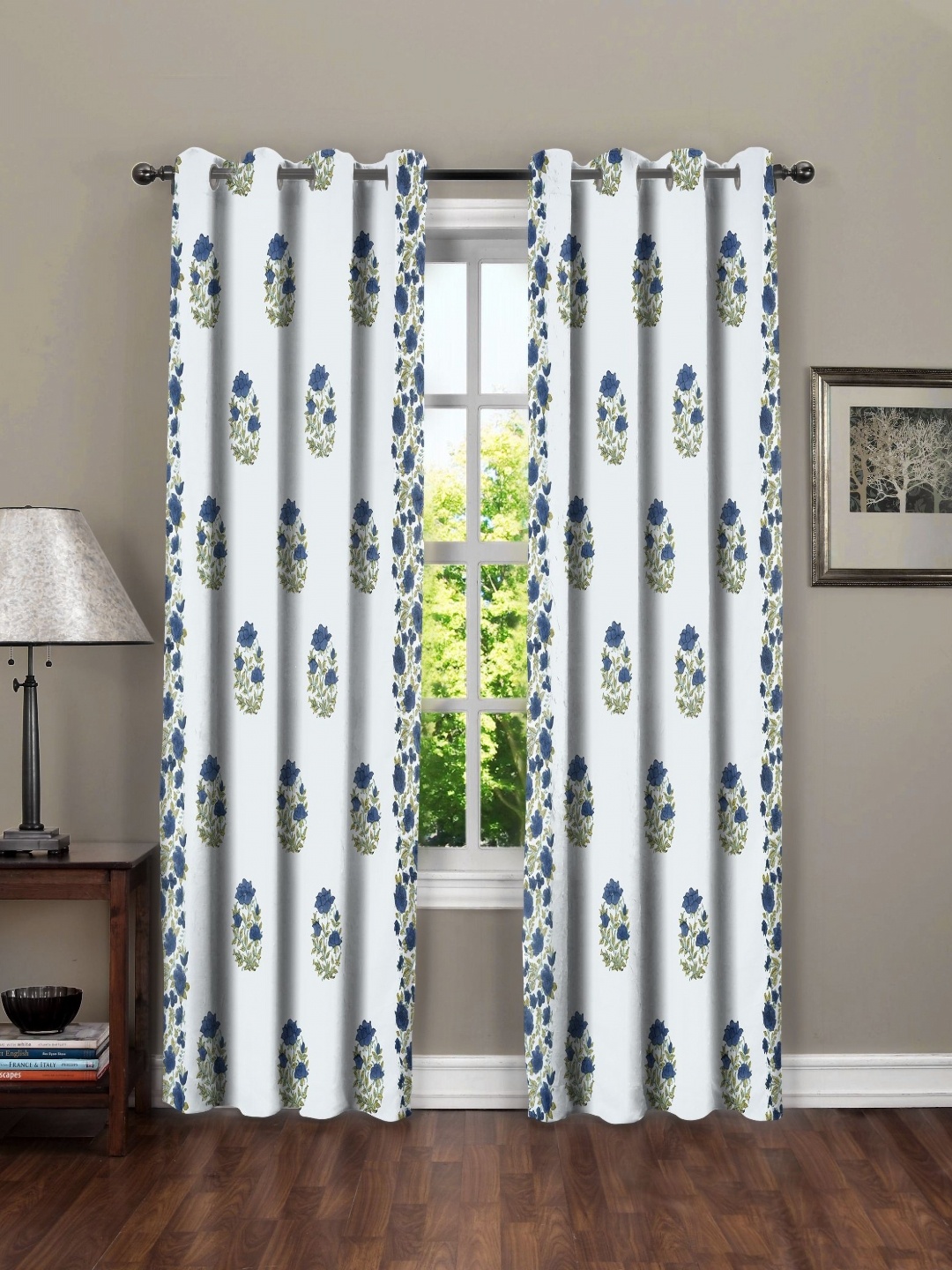 

RRC Blue & White Set of 2 Floral Long Door Curtain and Sheers