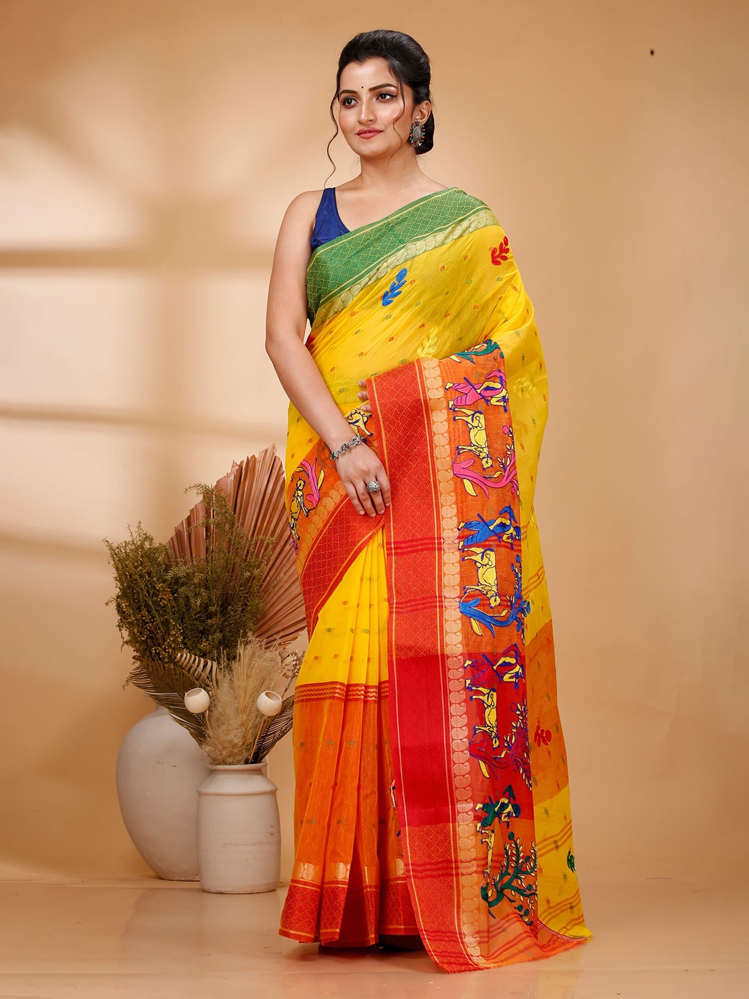 

PuJoy Woven Design Pure Cotton Taant Saree, Yellow