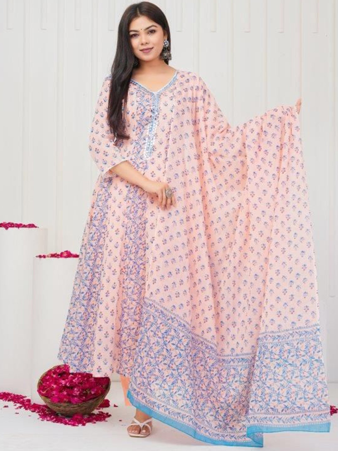 

ZOYOTO Floral Printed Mirror Work Regular Pure Cotton Anarkali Kurta with Trousers, Pink