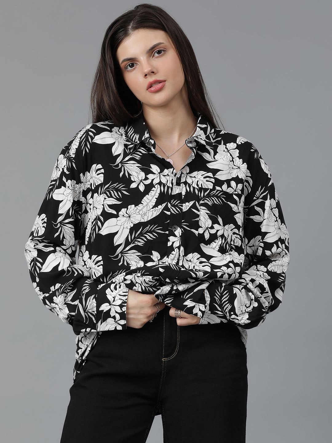 

Kotty Women Spread Collar Floral Printed Cotton Oversized Casual Shirt, White