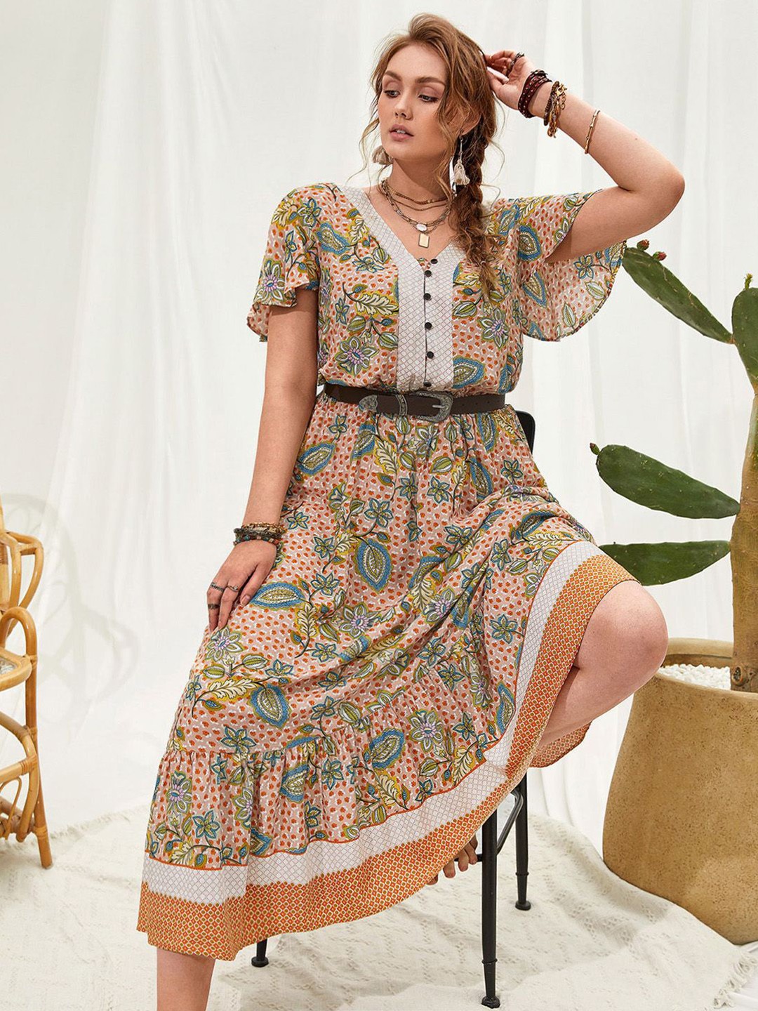 

JC Mode Floral Printed Flared Sleeve Fit & Flare Midi Dress, Beige