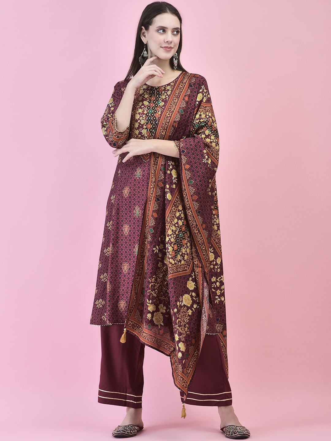 

Shree Floral Printed Regular Gotta Patti Liva Kurta with Trousers & With Dupatta, Purple