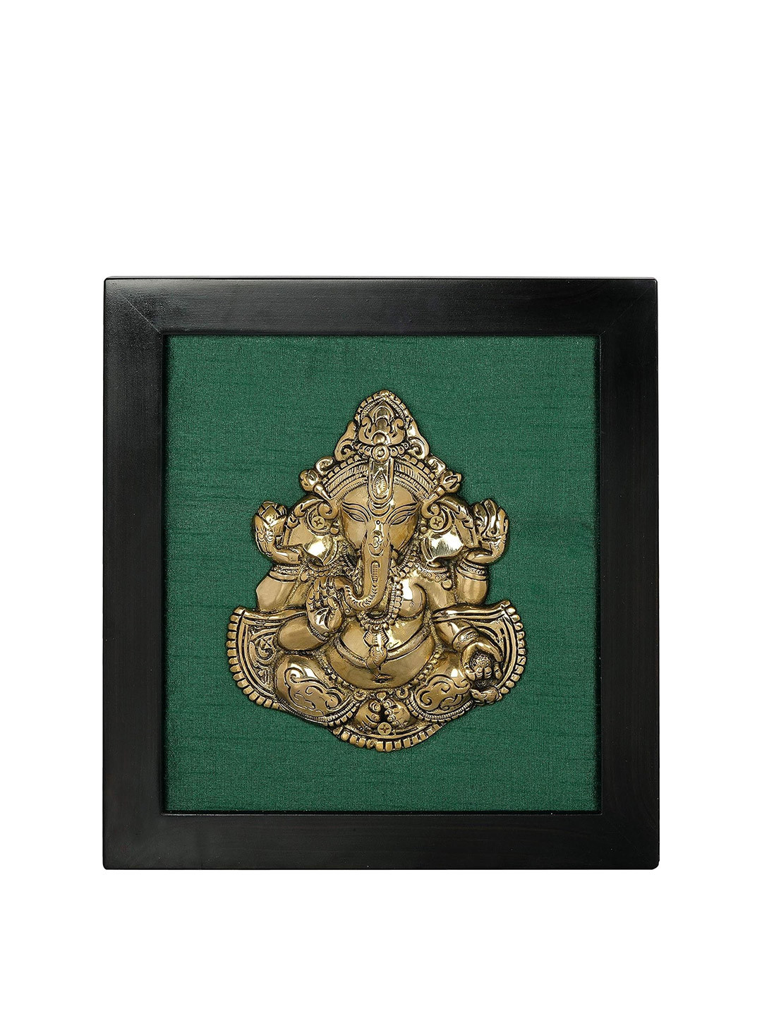 

Exotic India Brass & Wood Framed Lord Ganesha in Aashirwad Mudra Wall Hanging, Green