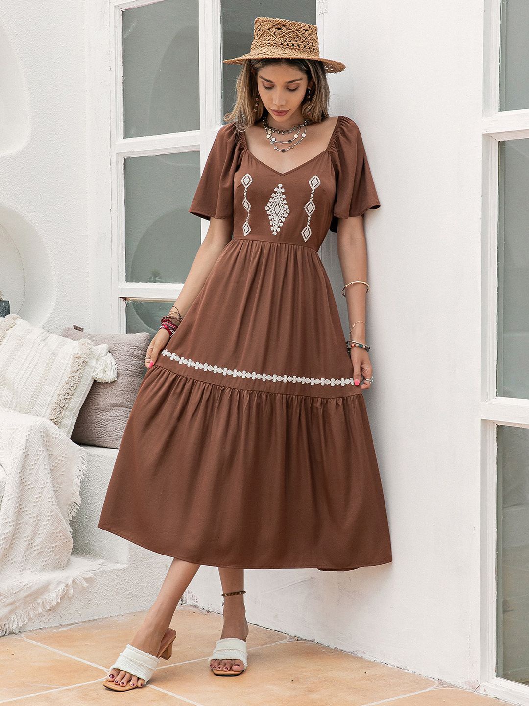 

JC Mode Printed Flared Sleeve Fit and Flare Midi Dress, Brown