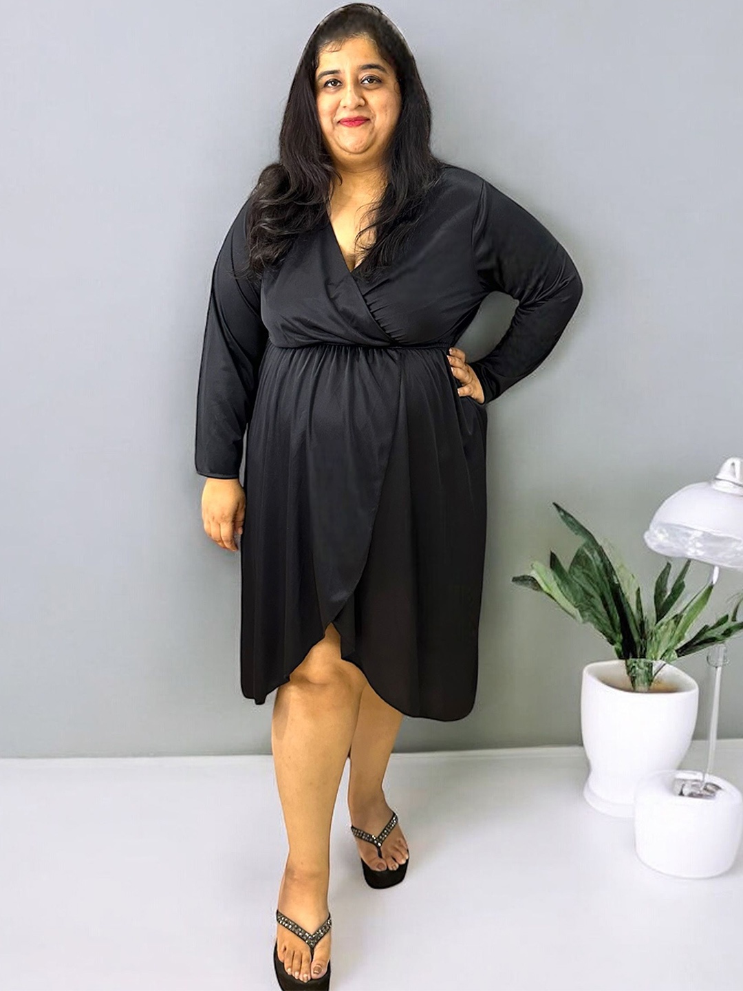 

Samsara Couture Plus Size Long Sleeves Wrap Dress, Black