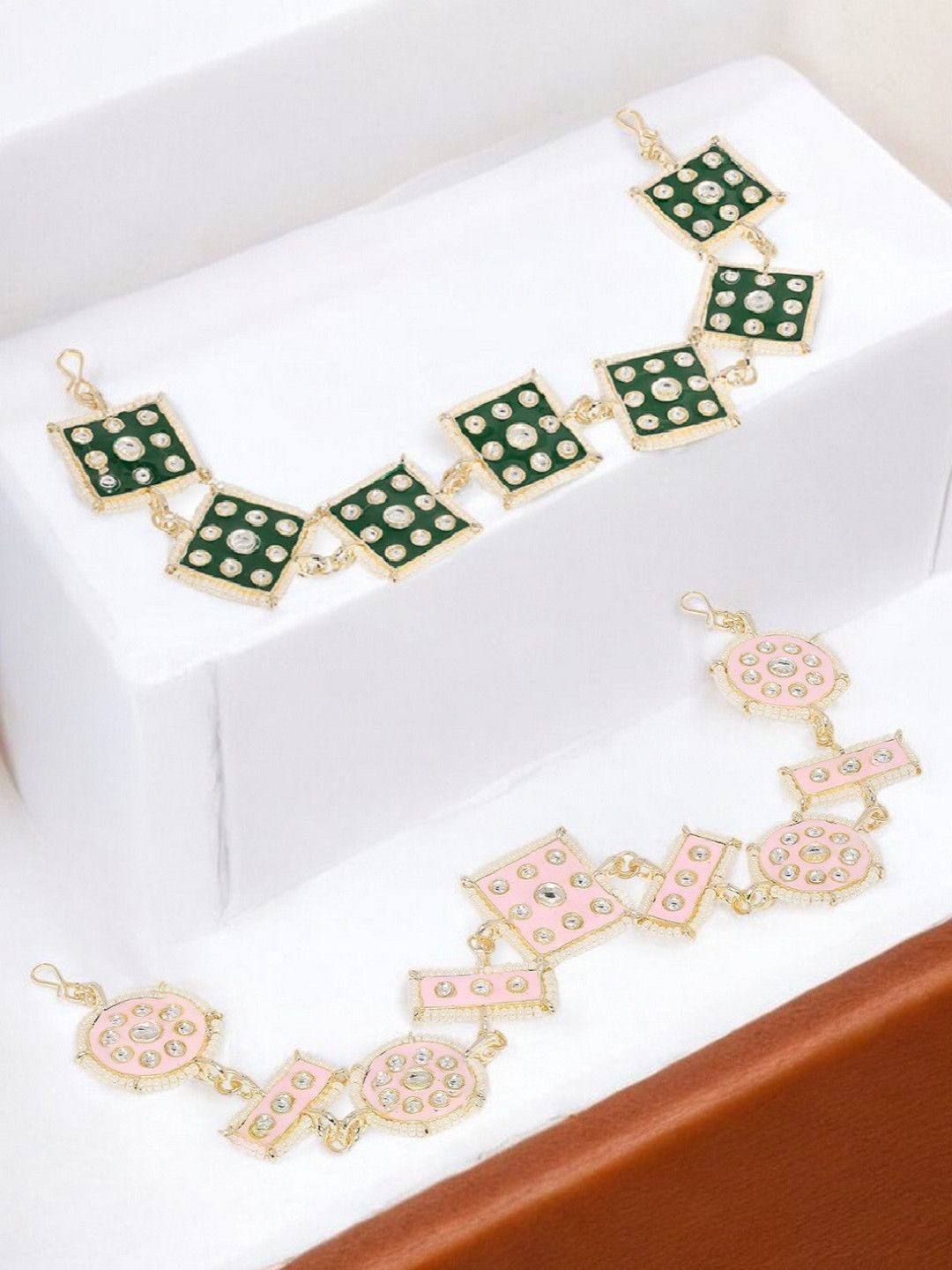 

OOMPH Set Of 2 Meenakari Kundan Studded Matha Patti Head Jewellery, Green