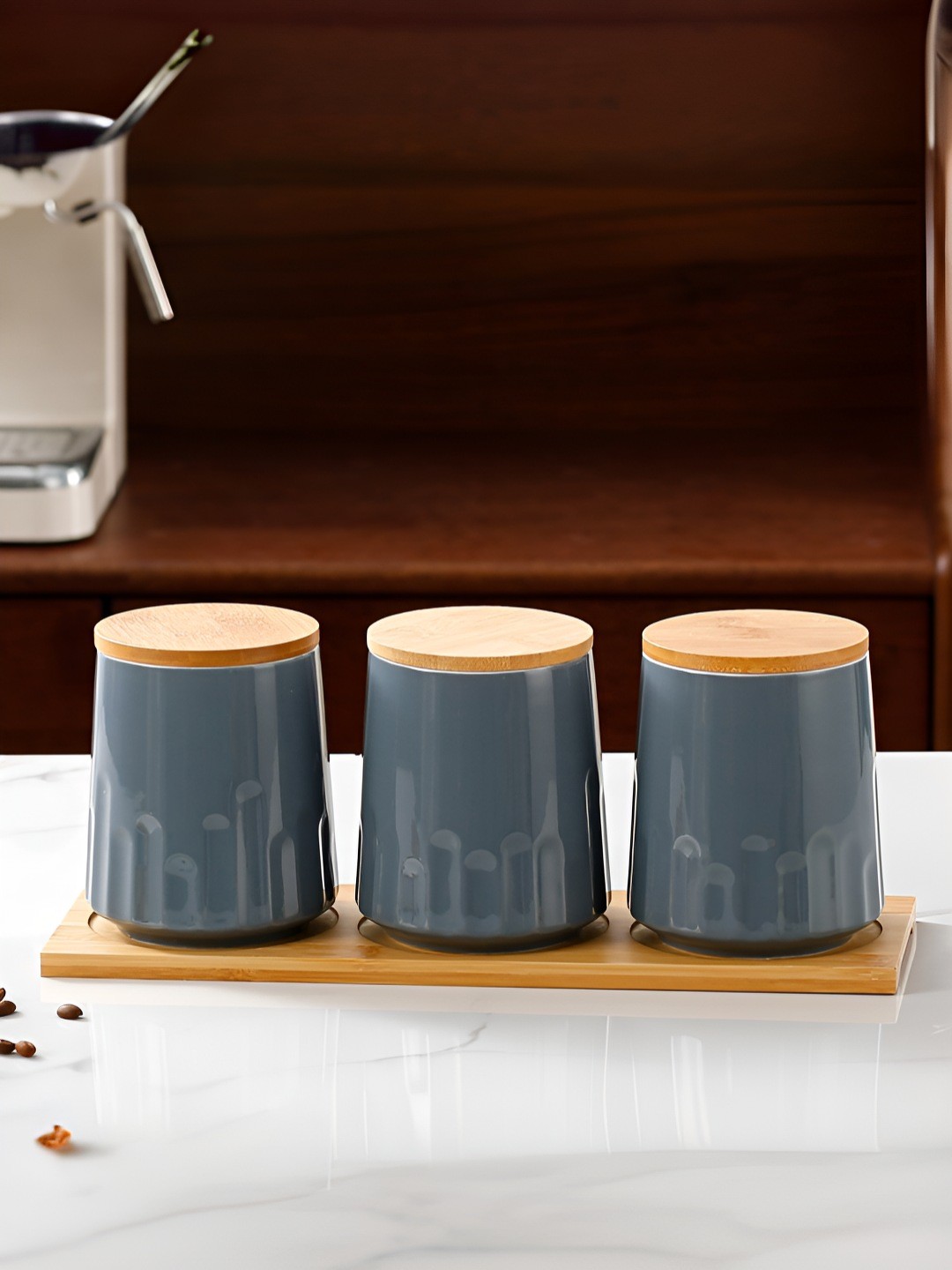 

UMAI 3Pcs Grey and Brown Textured Ceramic Containers With Bamboo Lid