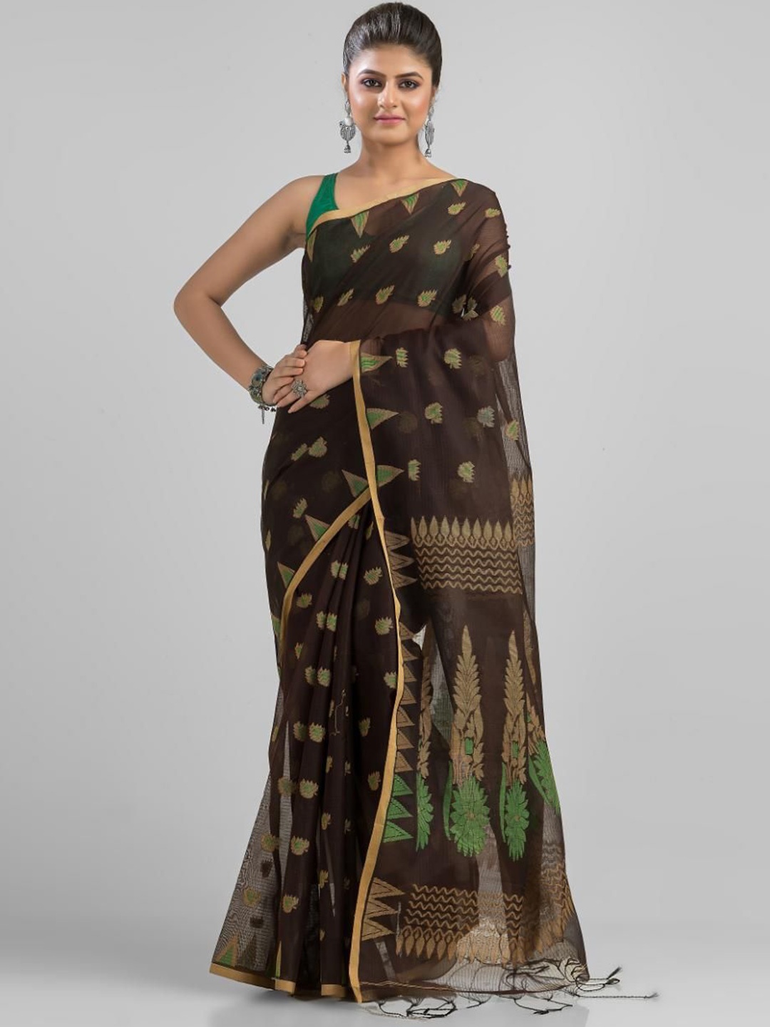 

SAJASAJO Ethnic Motifs Zari Saree, Black
