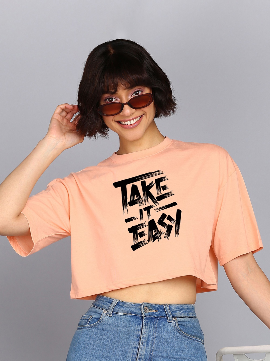 

Adyavastram Women Typography Extended Sleeves Pockets T-shirt, Peach