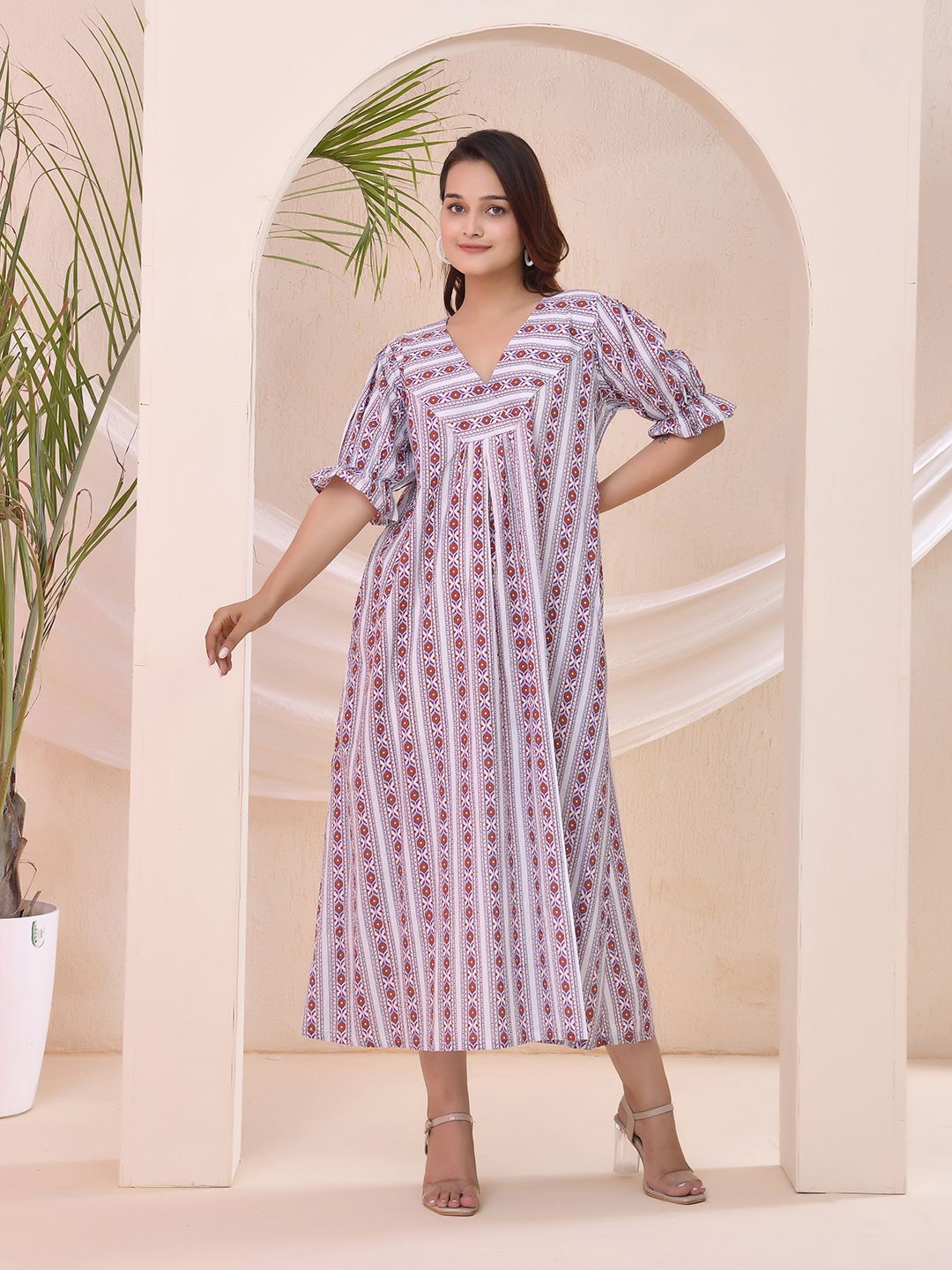 

THE SAFFRON SAGA Printed V-Neck Short Sleeves Cotton A-Line Midi Dress, Purple