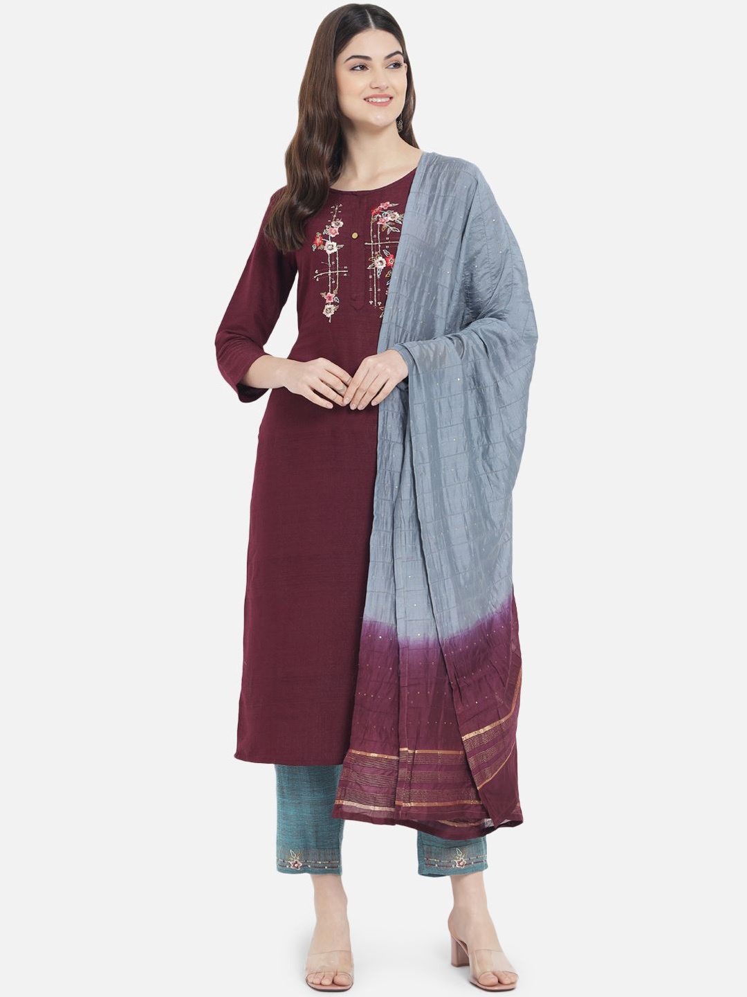 

KALINI Floral Embroidered Round Neck Thread Work Straight Kurta With Trousers & Dupatta, Blue