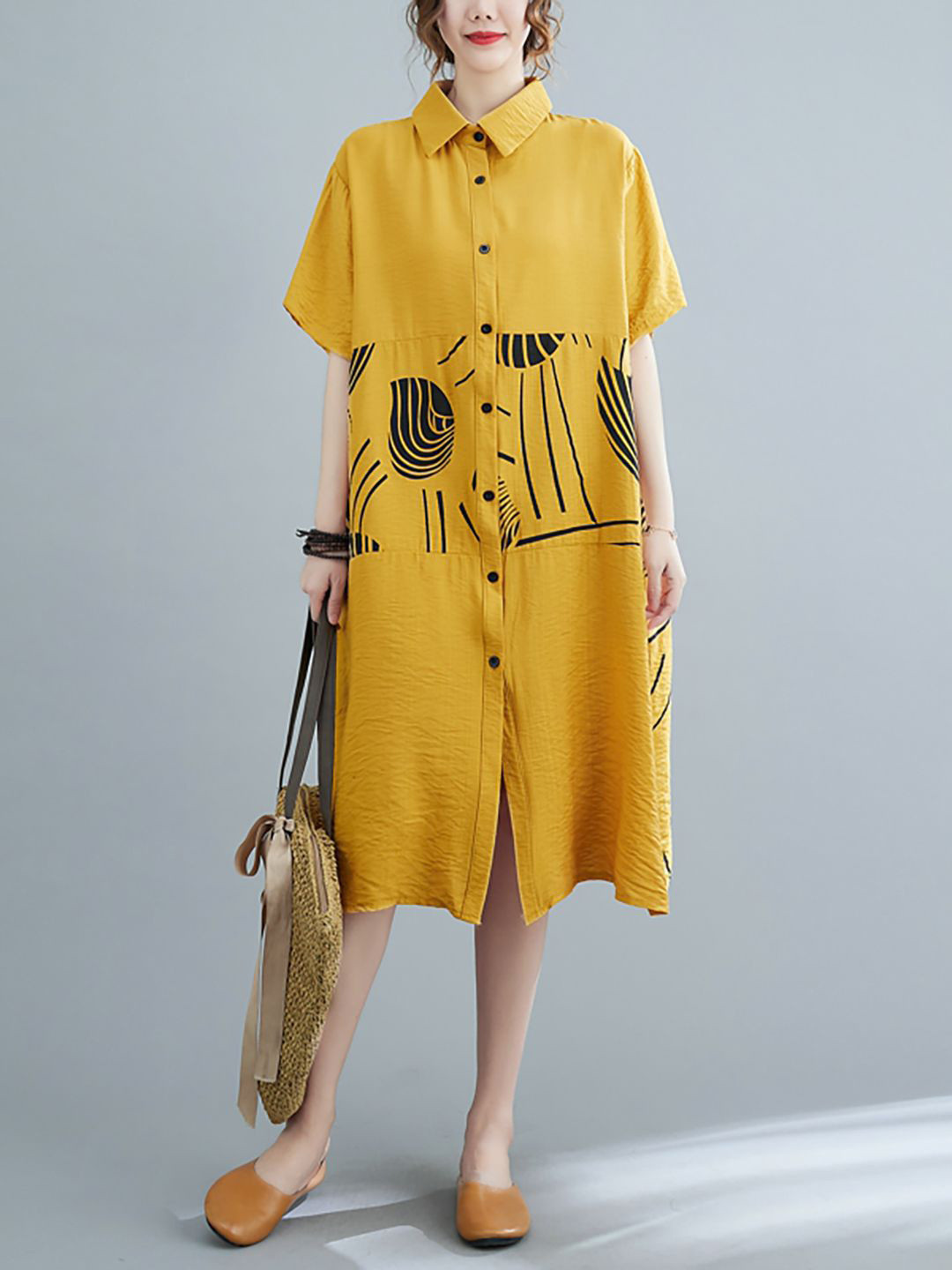 

JC Mode Printed Shirt Collar Shirt Dress, Yellow