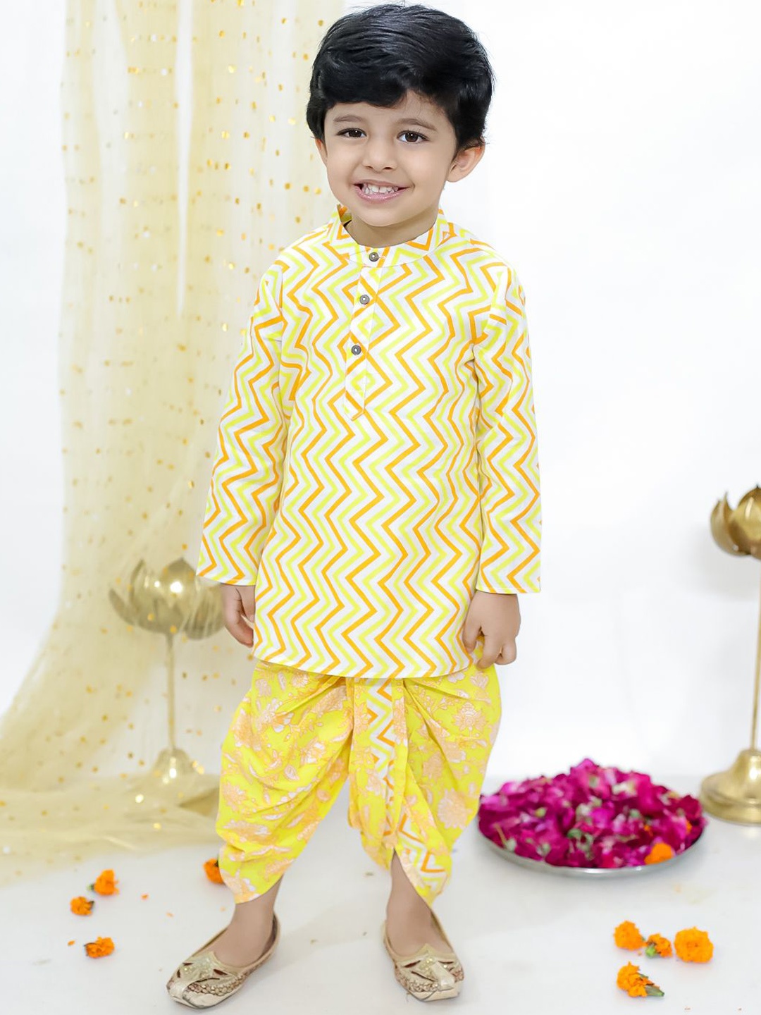 

KID1 Boys Printed Regular Pure Cotton Kurta with Dhoti Pants, Yellow
