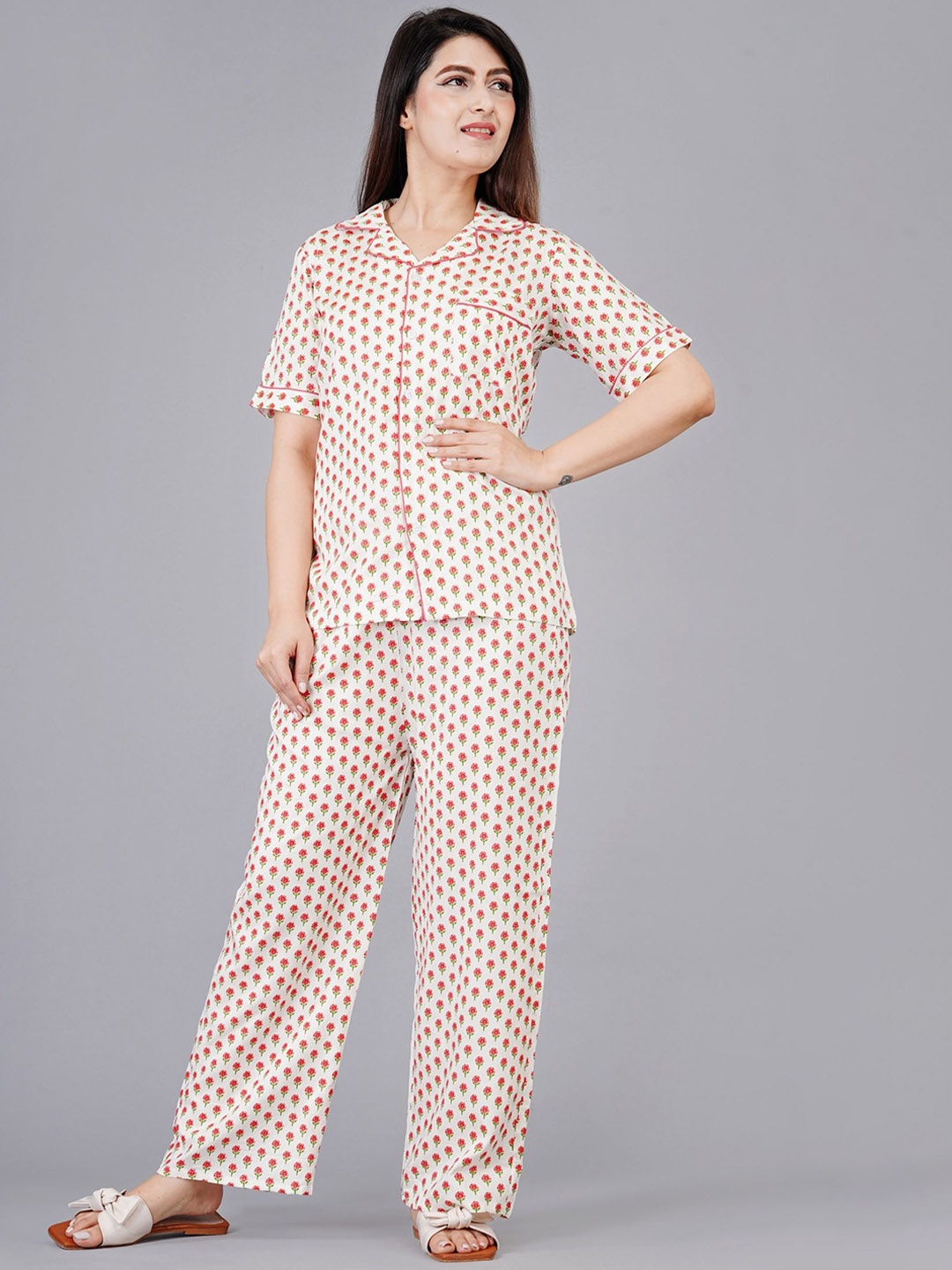 

ao services Floral Printed Lapel Collar Shirt & Pyjamas, Beige