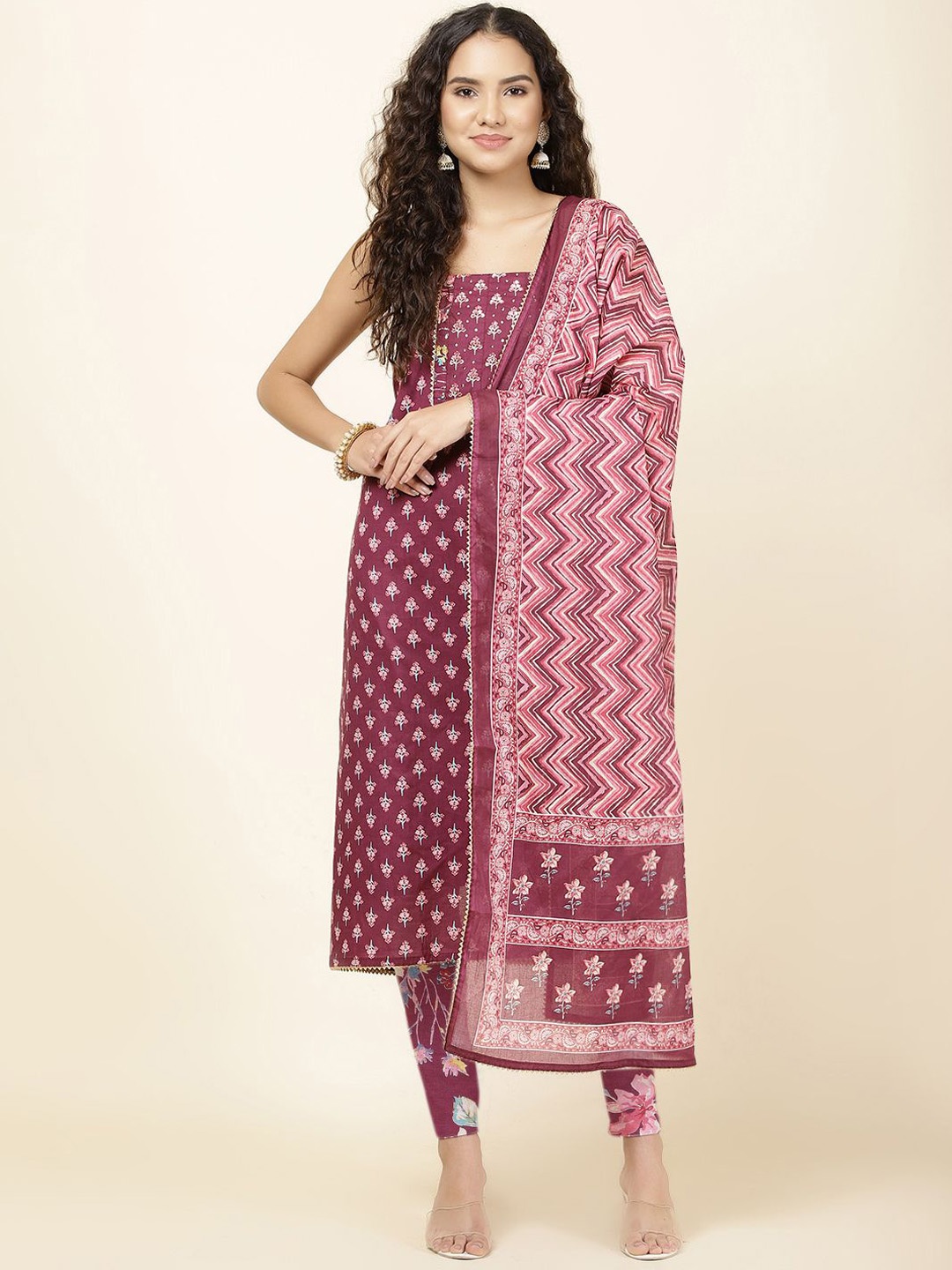 

Meena Bazaar Floral Printed Cotton Beads and Stones Unstitched Dress Material, Burgundy