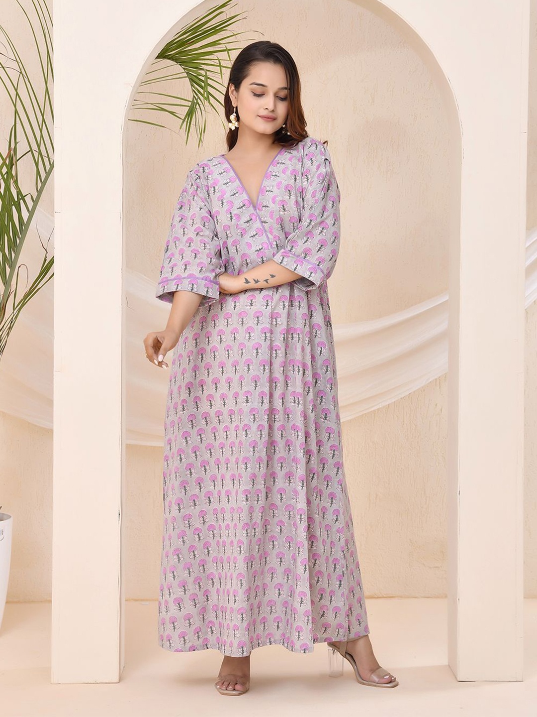 

THE SAFFRON SAGA Floral Print Flared Sleeve Pure Cotton Maxi Dress, Grey
