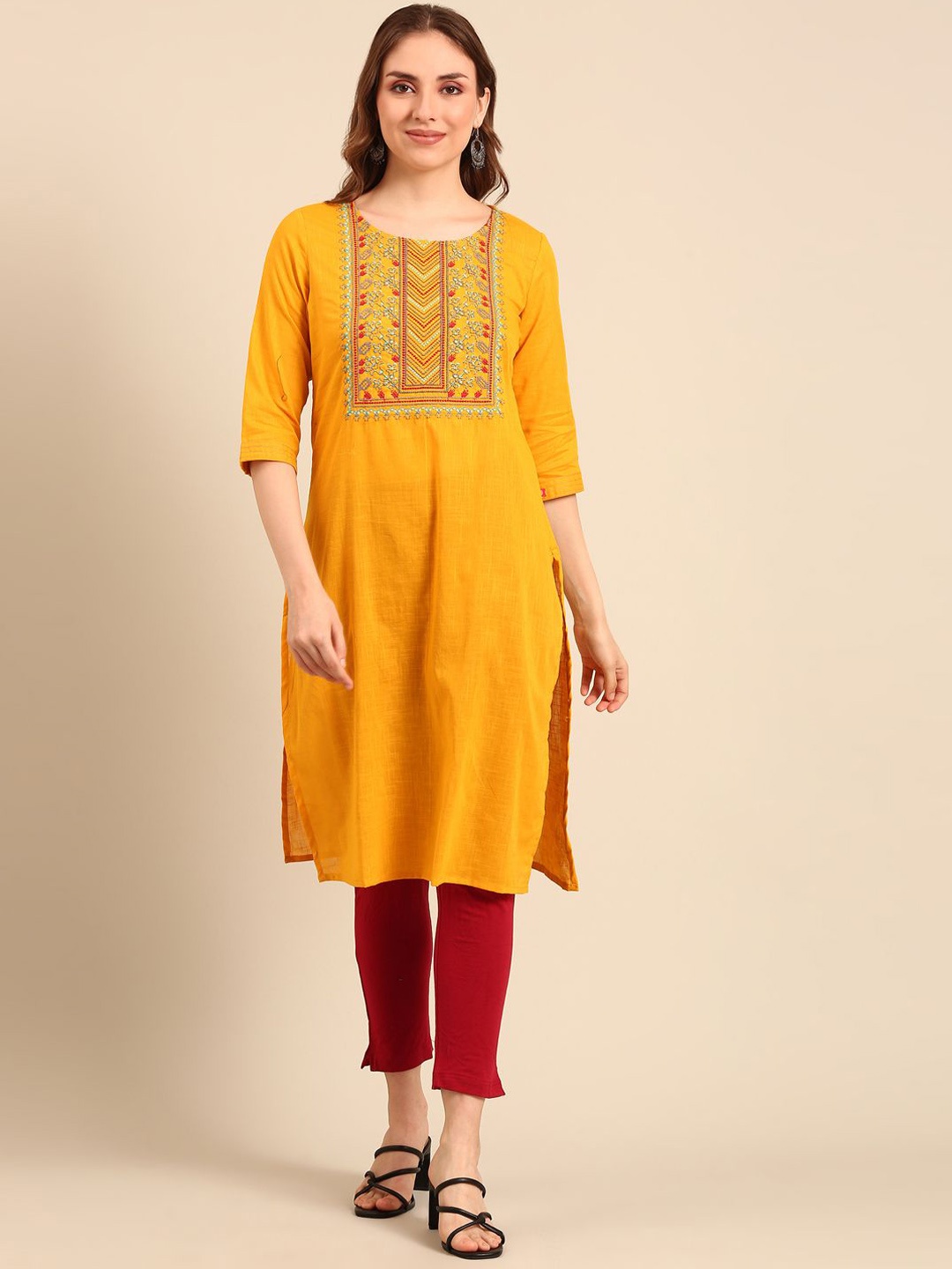 

Anouk Mustard Floral Embroidered Pure Cotton Straight Kurta