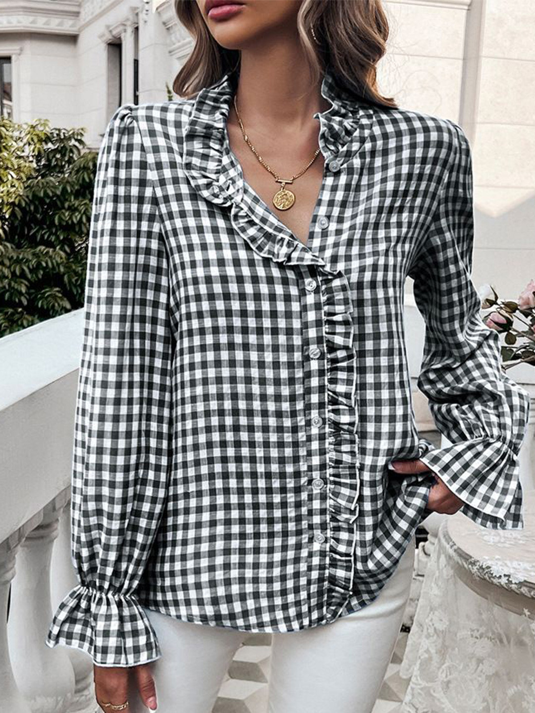 

StyleCast x Revolte Women Spread Collar Micro Checks Checked Casual Shirt, Black