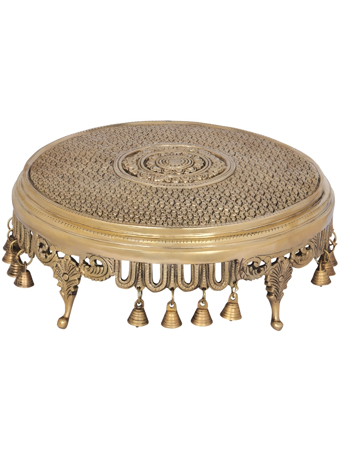 

Exotic India Flowers Engraved Circular Chowki (Pedestal) with Bells, Gold