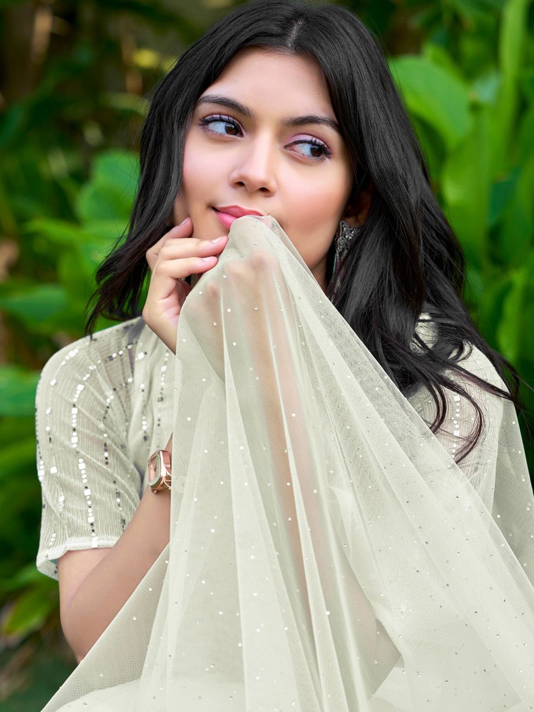 

Saree Mall Cream Net Embellished Party Wear Saree with Matching Blouse