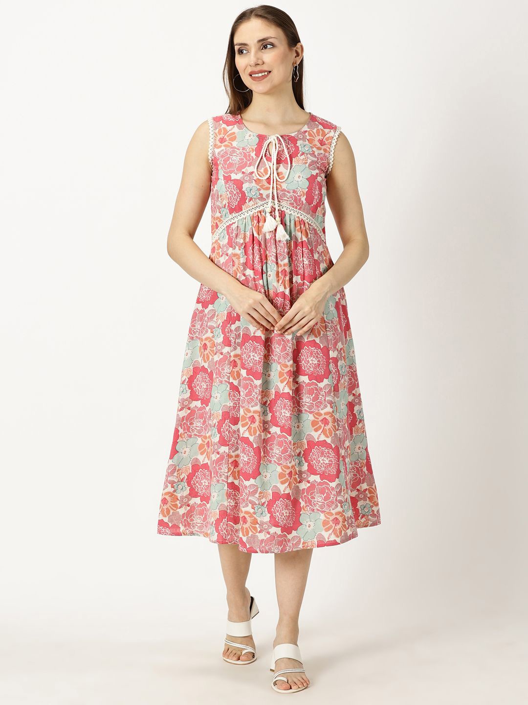 

Saffron Threads Floral Print Tie-Up Neck Empire Midi Dress, Pink