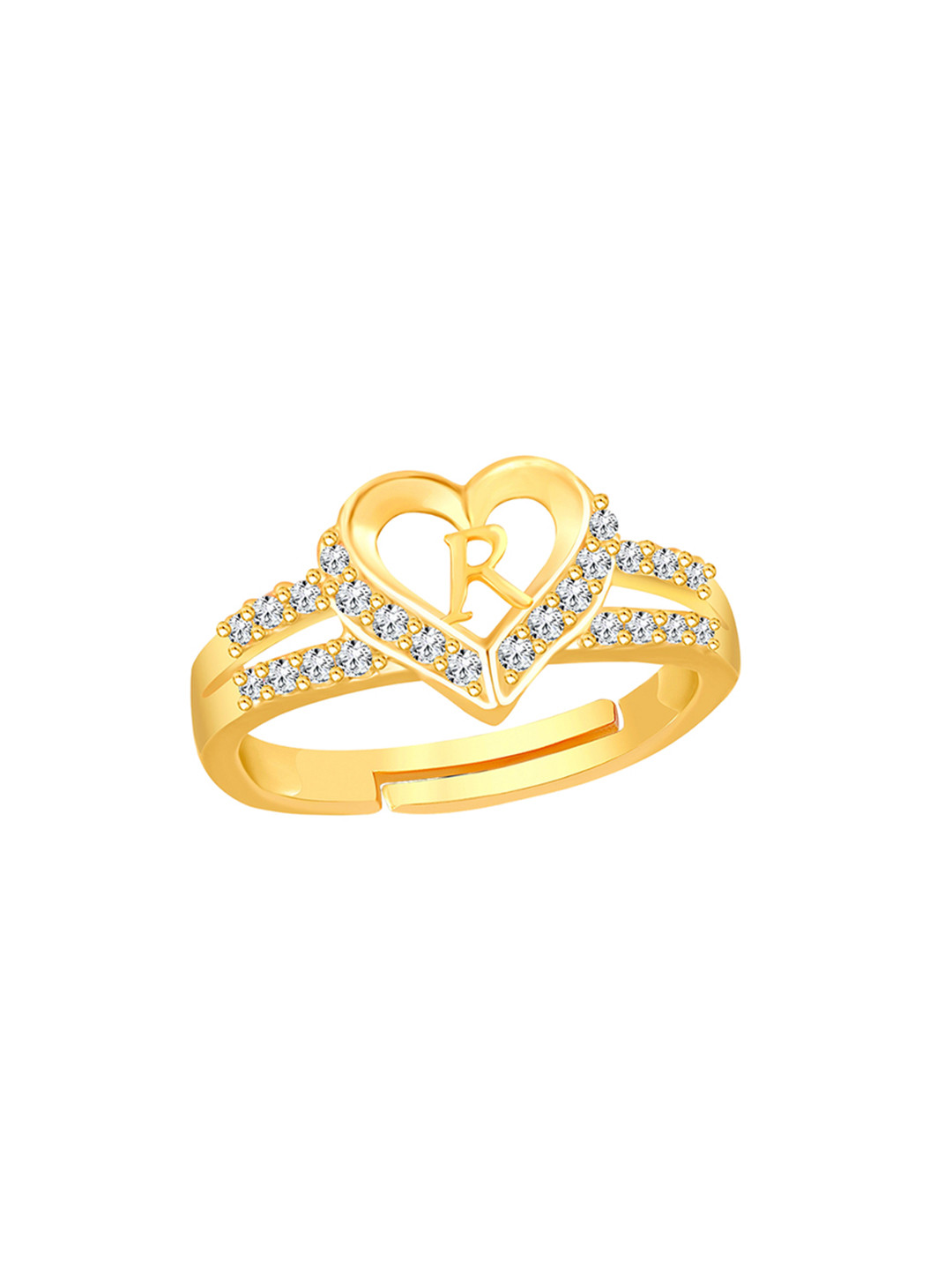

Lila Gold Plated Cubic Zirconia Studded Heart Shaped Alphabet R Finger Ring
