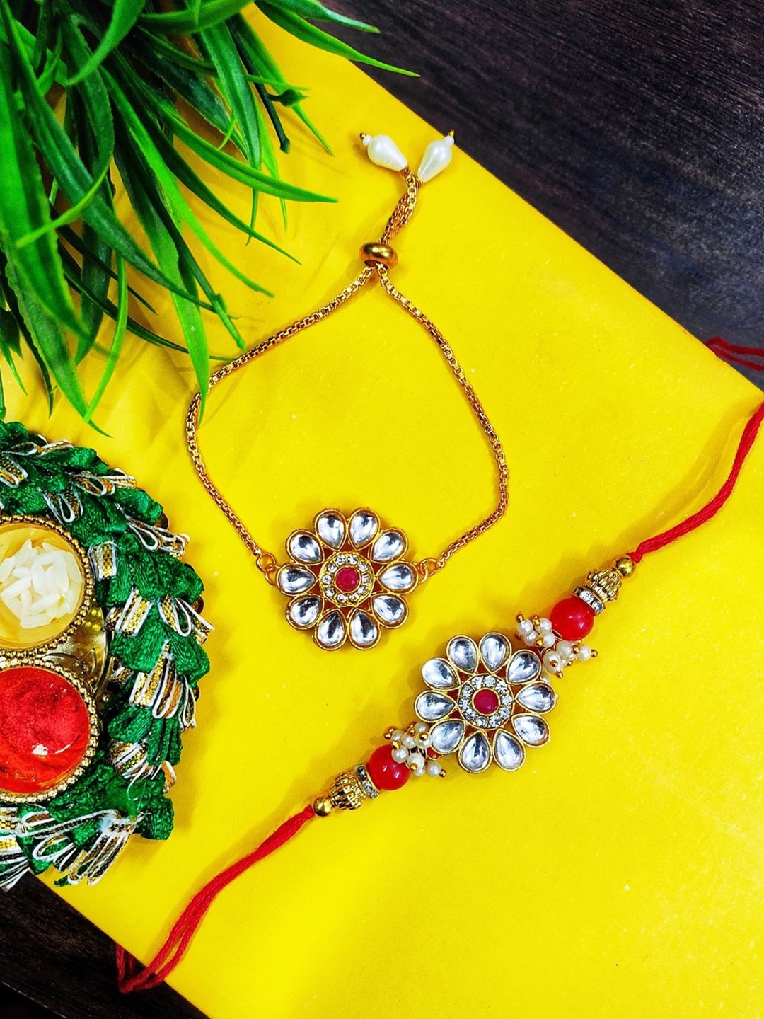 

NVR Stone-Studded Bhaiya Bhabhi Thread Rakhi with Roli Chawal, Gold