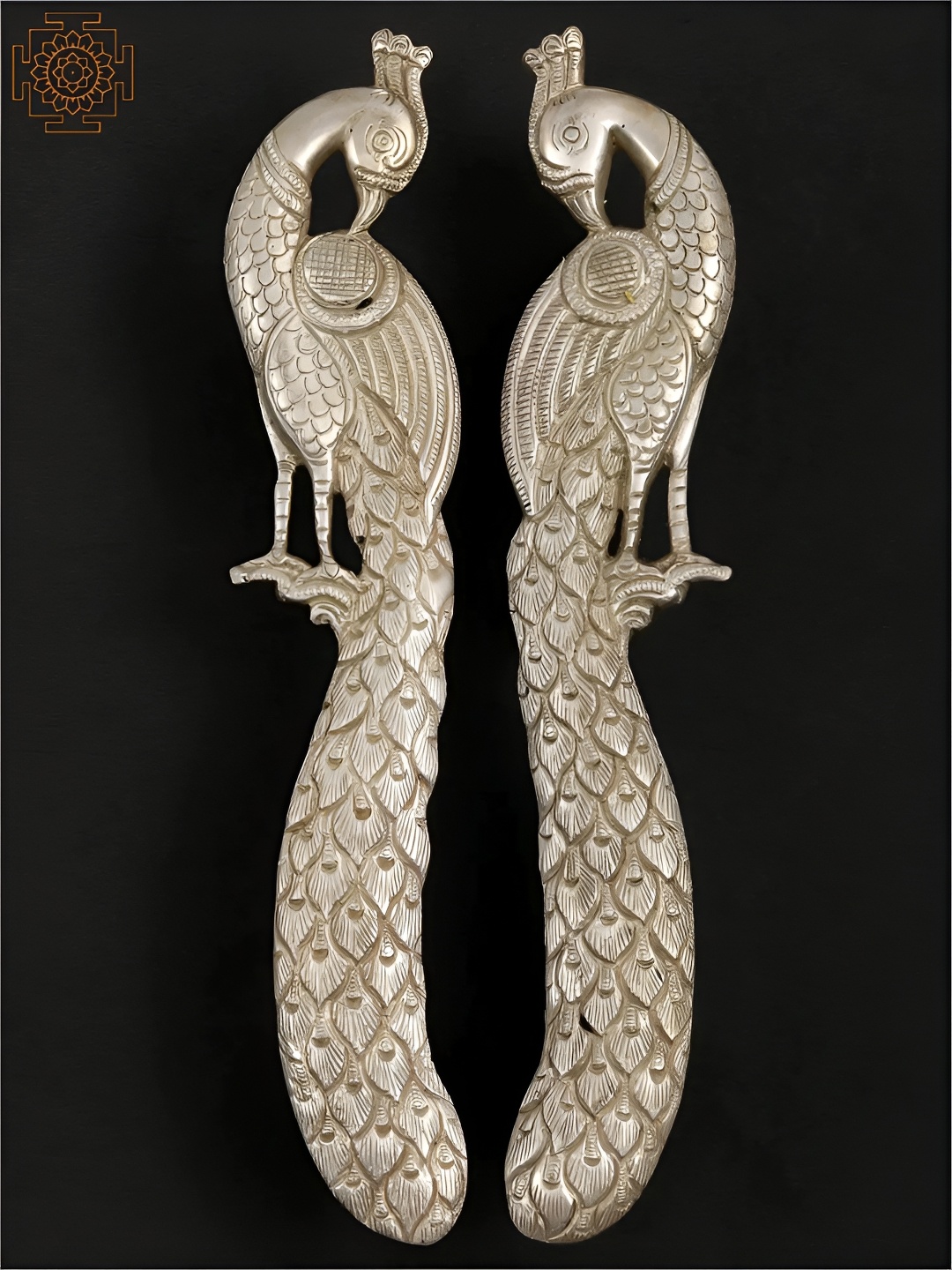 

Exotic India 9" Brass Pair of Peacock Design Door Handles, Silver