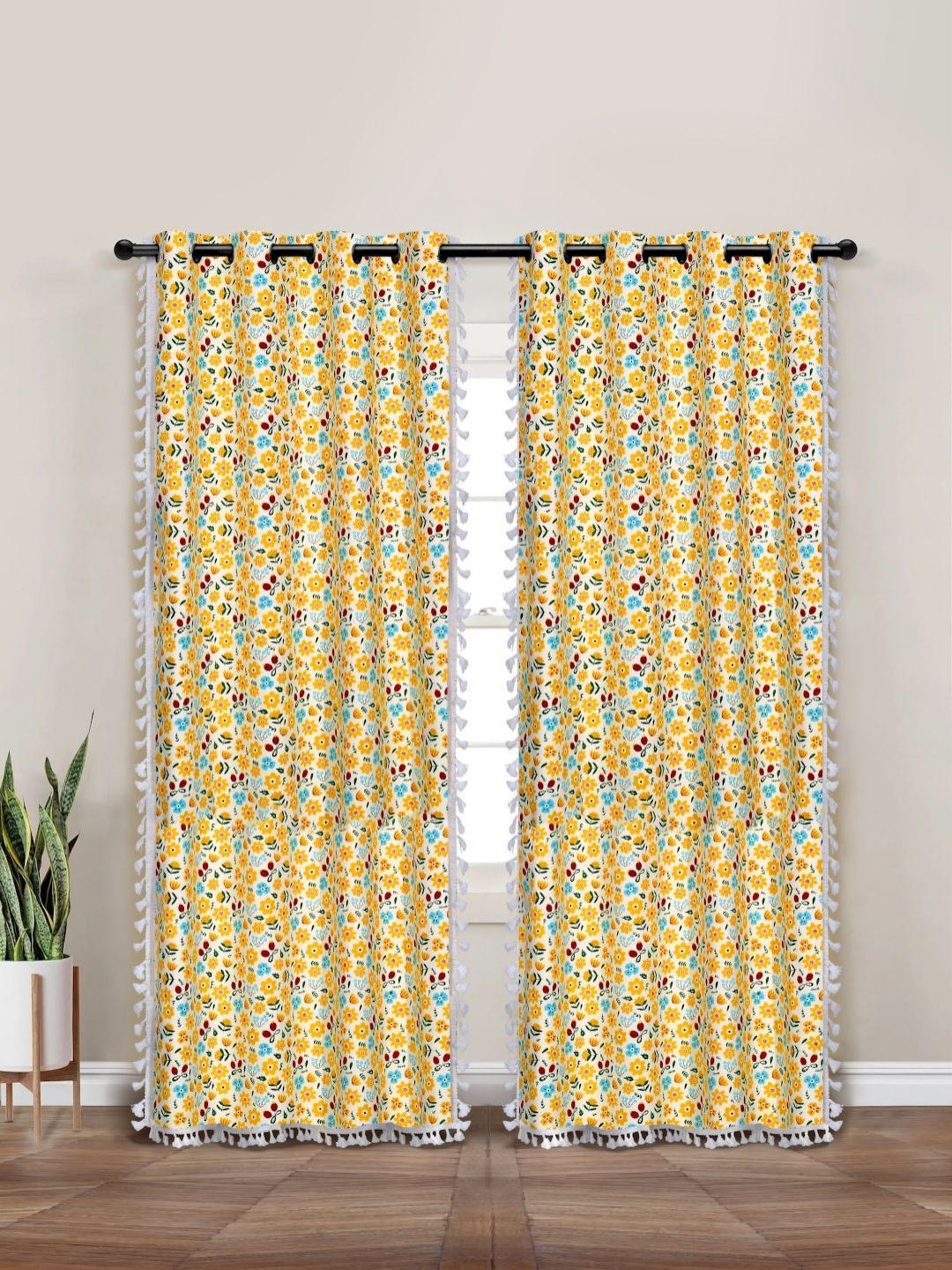 

Myntra Elegant Homes Yellow & White Set of 2 Floral Black Out Long Door Curtain
