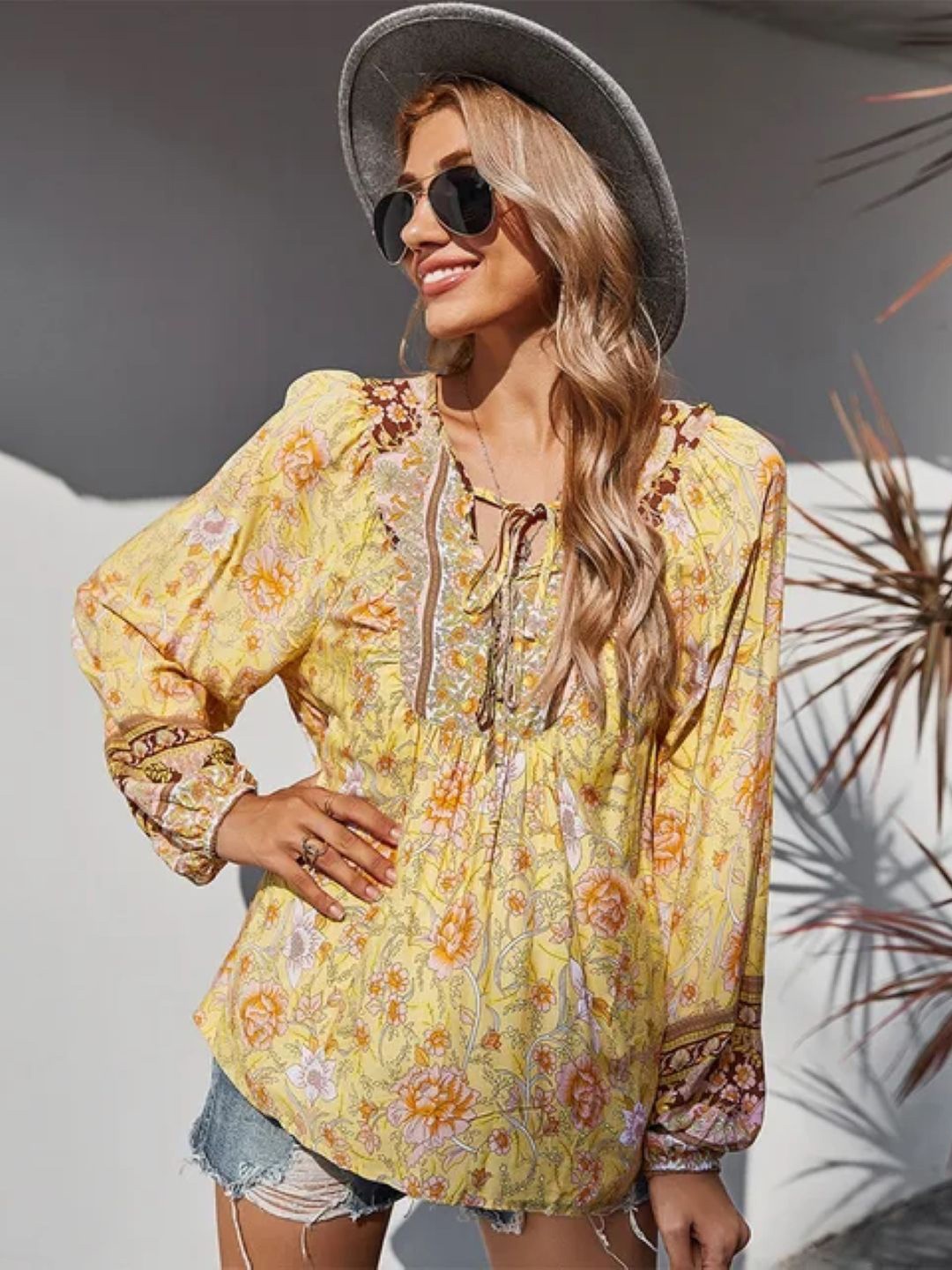 

StyleCast Women Floral Printed Tie-Up Neck Top, Yellow