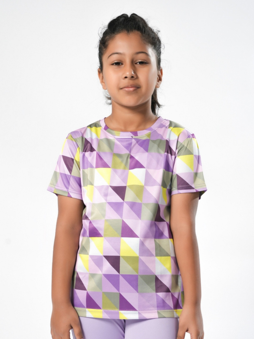 

UMILDO Girls Geometric Printed Round Neck Polyester Tshirt, Purple